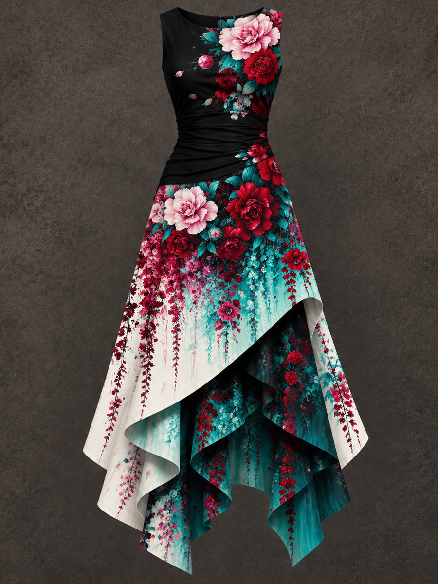 Retro Art Printed Vintage Sleeveless Irregularly Layered Stitched Midi Dress